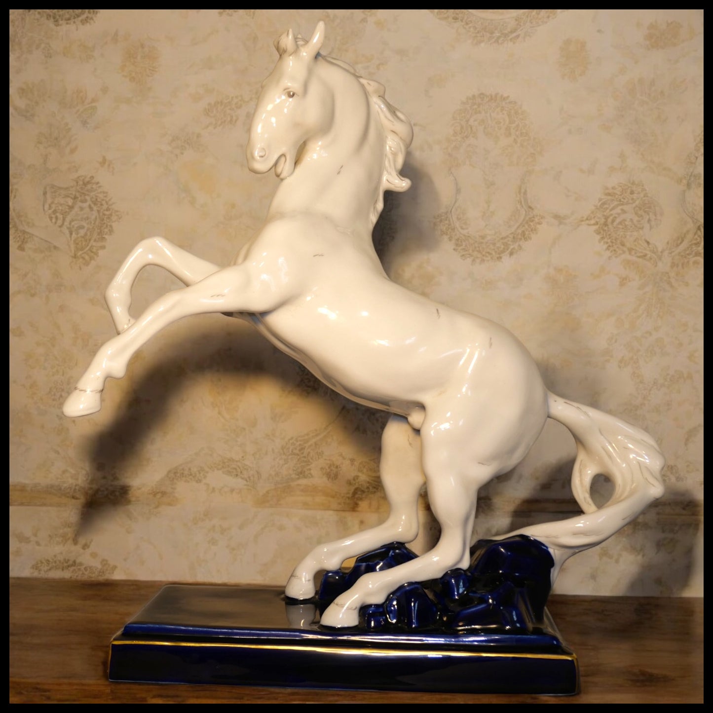 Vintage 1970's Czechoslovakian Royal Dux Porcelain White Rearing Horse on Gilded Cobalt Blue Plinth Base Sculpture