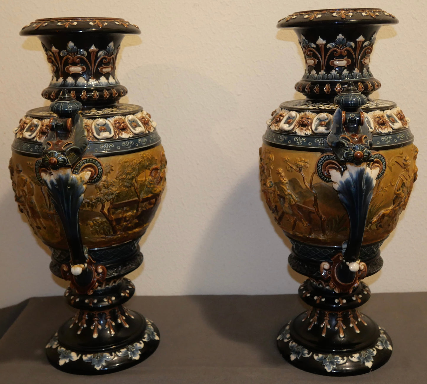 Pair of Late 19th Century Austrian Renaissance Revival Julius Greiner & Son Majolica Figural Scene Motif Double Handled Vases