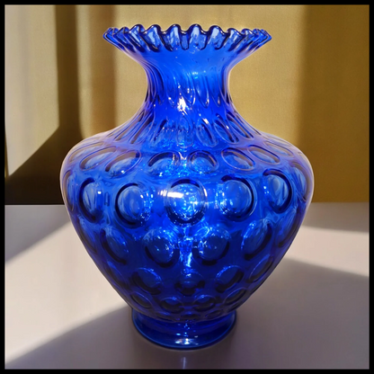 Vintage 1972-1973 American Fenton Cobalt Blue Glass Coin Dot Ruffled Edge Baluster Vase