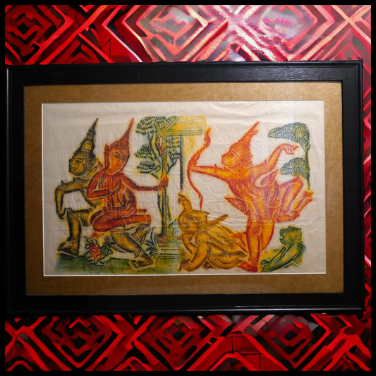 Vintage Circa 1970 Thai Ramakien King Rama and Tosakanth Colorful Temple Rubbing on Rice Paper Framed Art