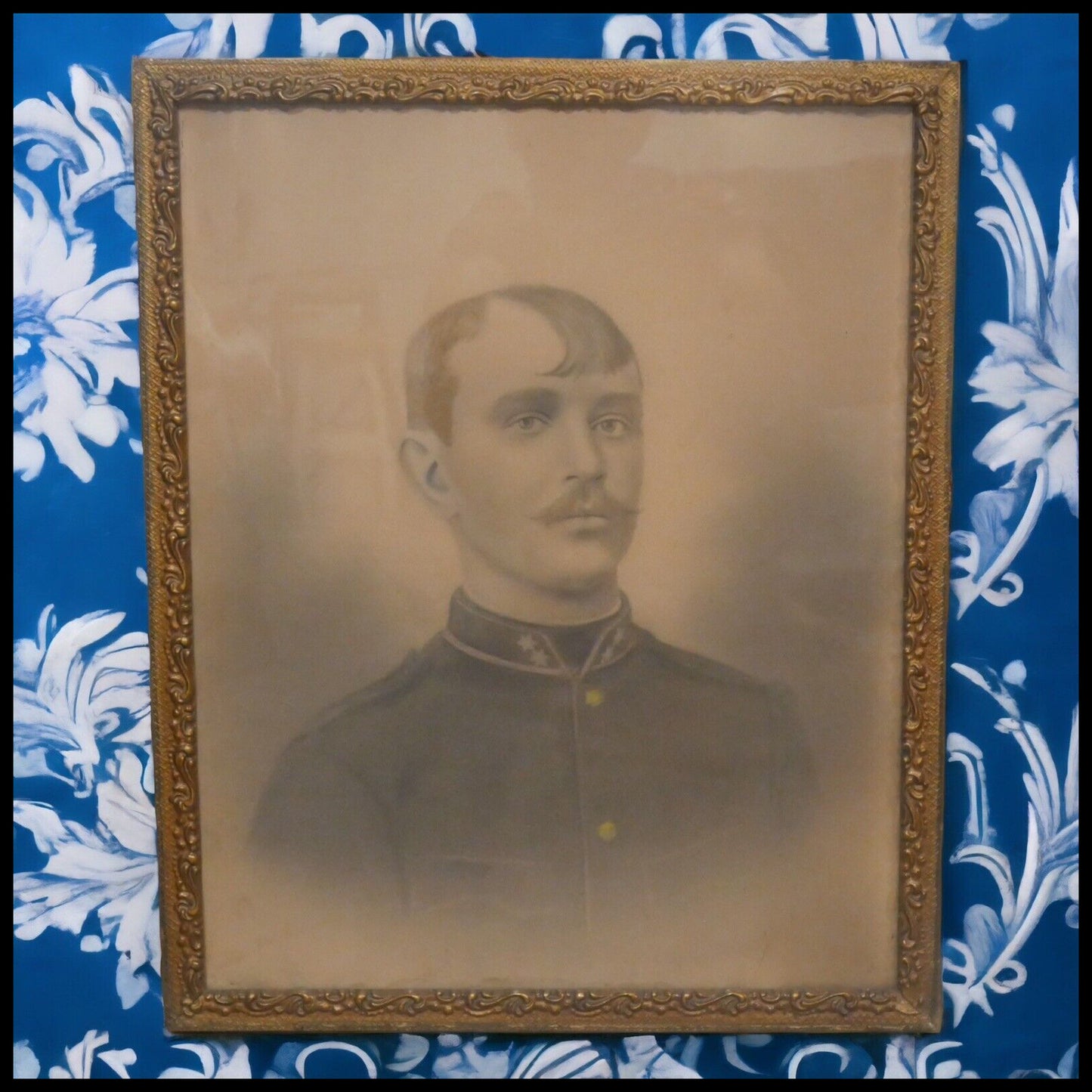 Circa 1900 Austrian Victorian Male Soldier Framed Charcoal Portrait Drawing