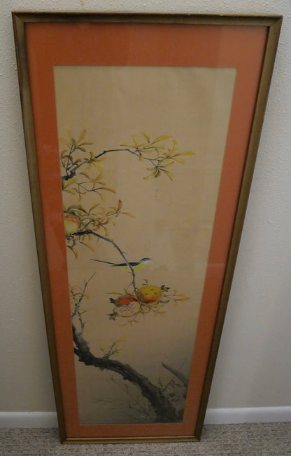 Vintage Mid 20th Century Japanese Grey Wagtail Bird in Pomegranate Tree Framed Silk Painting Signed Hidemi