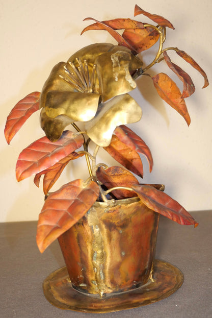 Vintage 1960's American Brutalist Welded Copper/Brass Rose in Flower Pot Sculpture