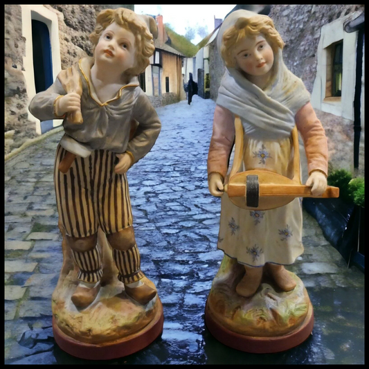 Pair of Late 19th Century French Mauger ets Fils Bisque Young Boy and Girl Figurines