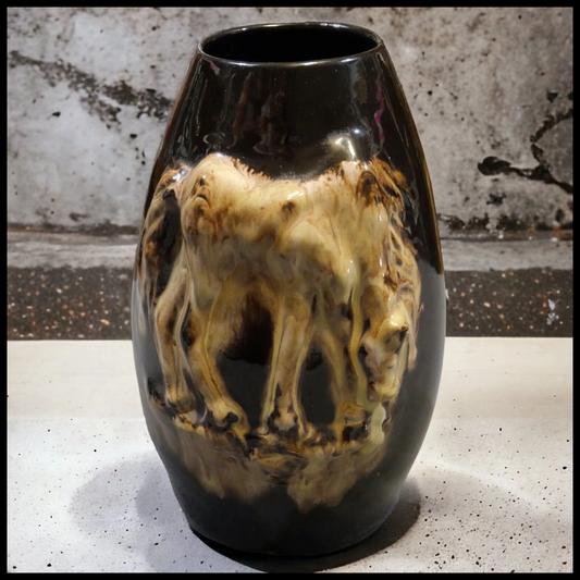 Circa 1925 American Art Deco Brown Glazed Redware Raised Relief Horse Motifs Vase