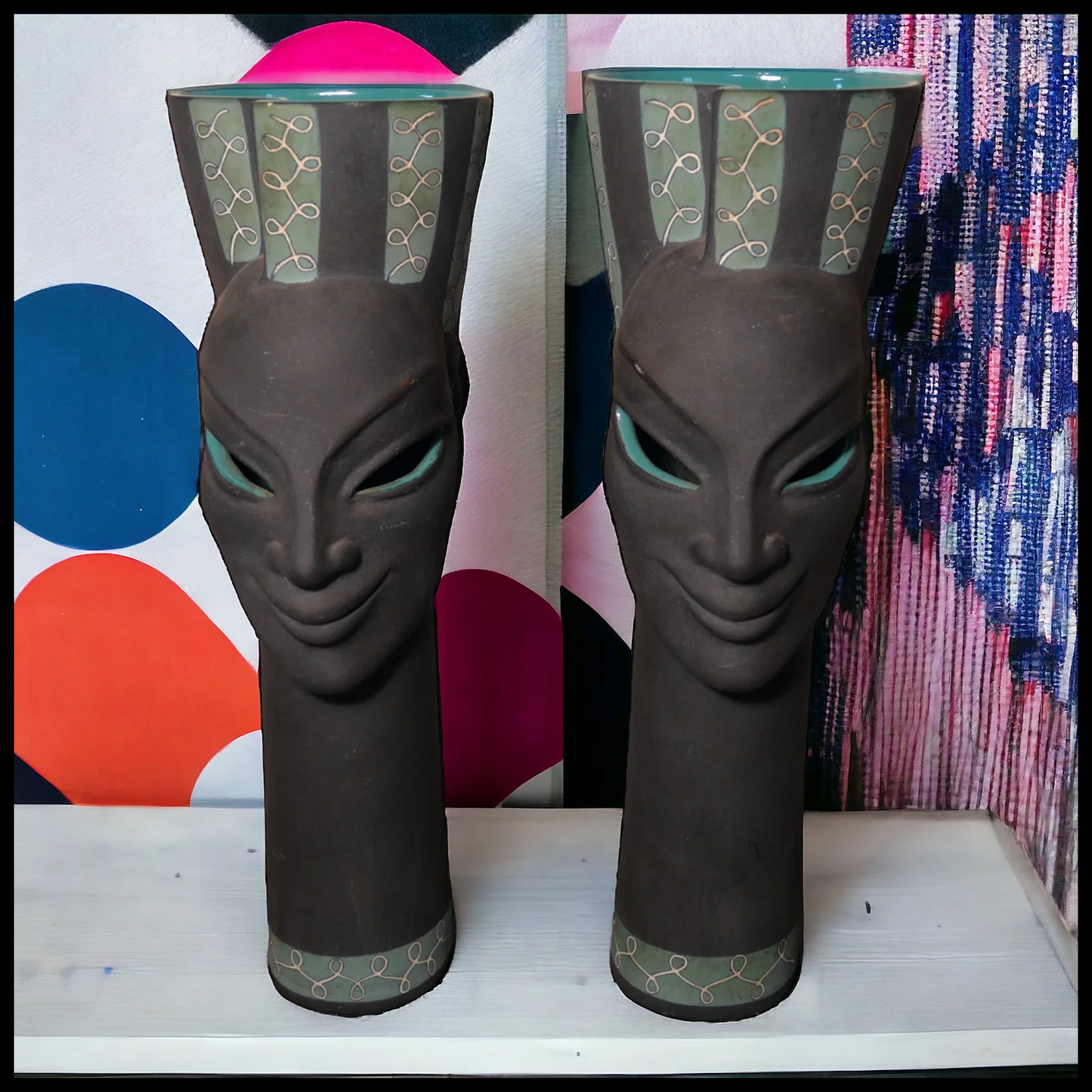 Pair of 1950’s Hungarian Mid Century Modern Kru Pottery Charles and Alice Smith Style Ceramic Black/Turquoise Elongated Head Vases