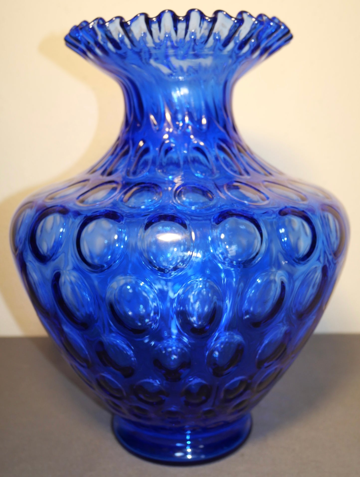 Vintage 1972-1973 American Fenton Cobalt Blue Glass Coin Dot Ruffled Edge Baluster Vase