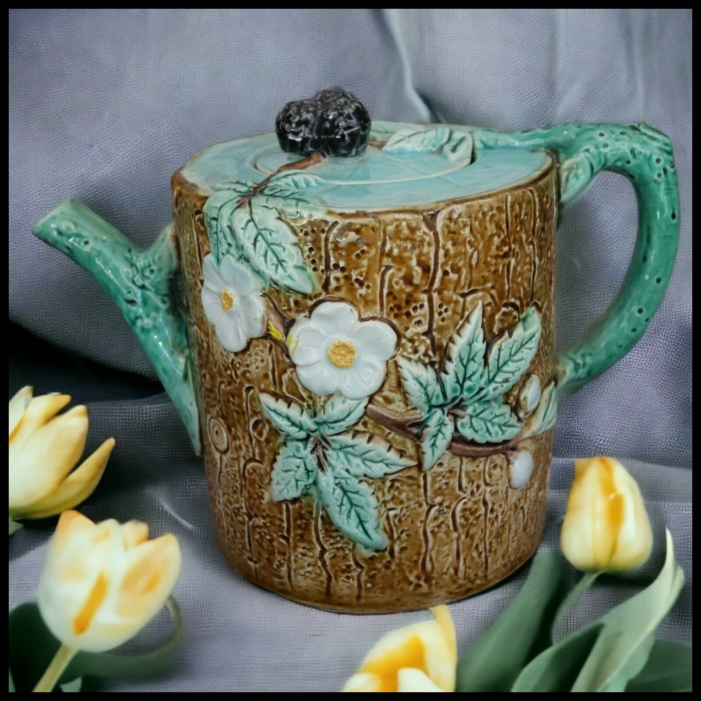 1877 English Victorian Holdcroft Majolica Blackberry Tree Branch Motif Teapot