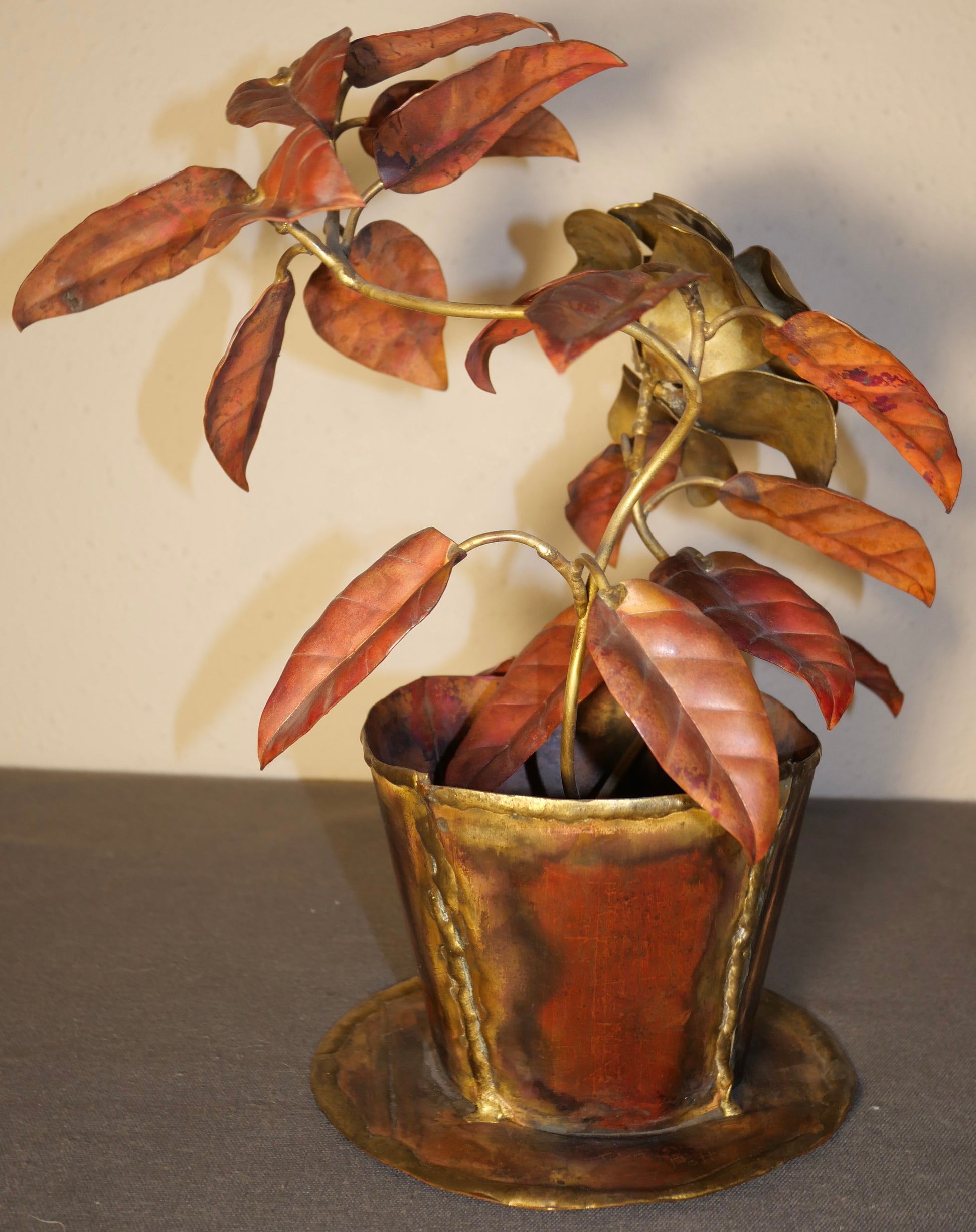 Vintage 1960's American Brutalist Welded Copper/Brass Rose in Flower Pot Sculpture