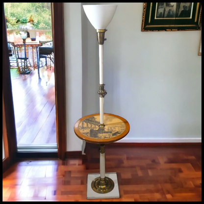 1960’s American Stiffel Hollywood Regency Torchiere Floor Lamp with Italian City Motif Table