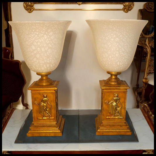 Pair of Vintage 1970's American Hollywood Regency Gilded Hellenic Motifs Metal Base/Mottled Glass Shade Torch Form Torchiere Table Lamps