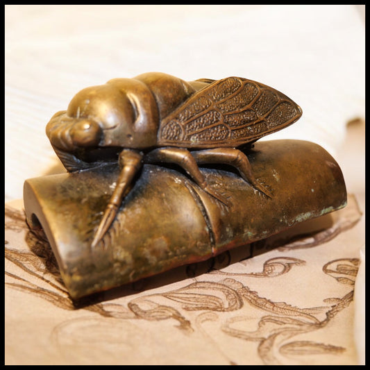 Late 19th Century Japanese Bronze Cicada on Bamboo Calligrapher's Scroll Weight (Meiji Period)