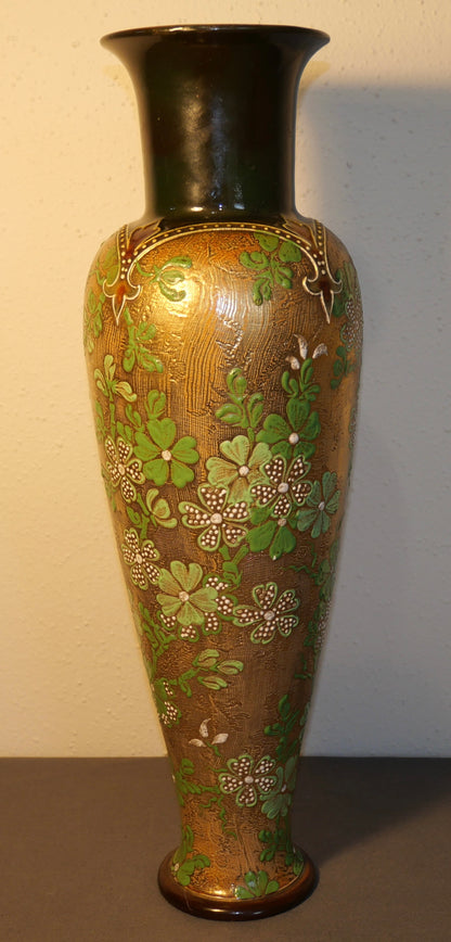 Late 19th Century English Art Nouveau Doulton Lambeth Slaters Patent Stoneware Gilded Green Floral Motifs Tapestry Baluster Vase by Harriet Knight and LF Bowen