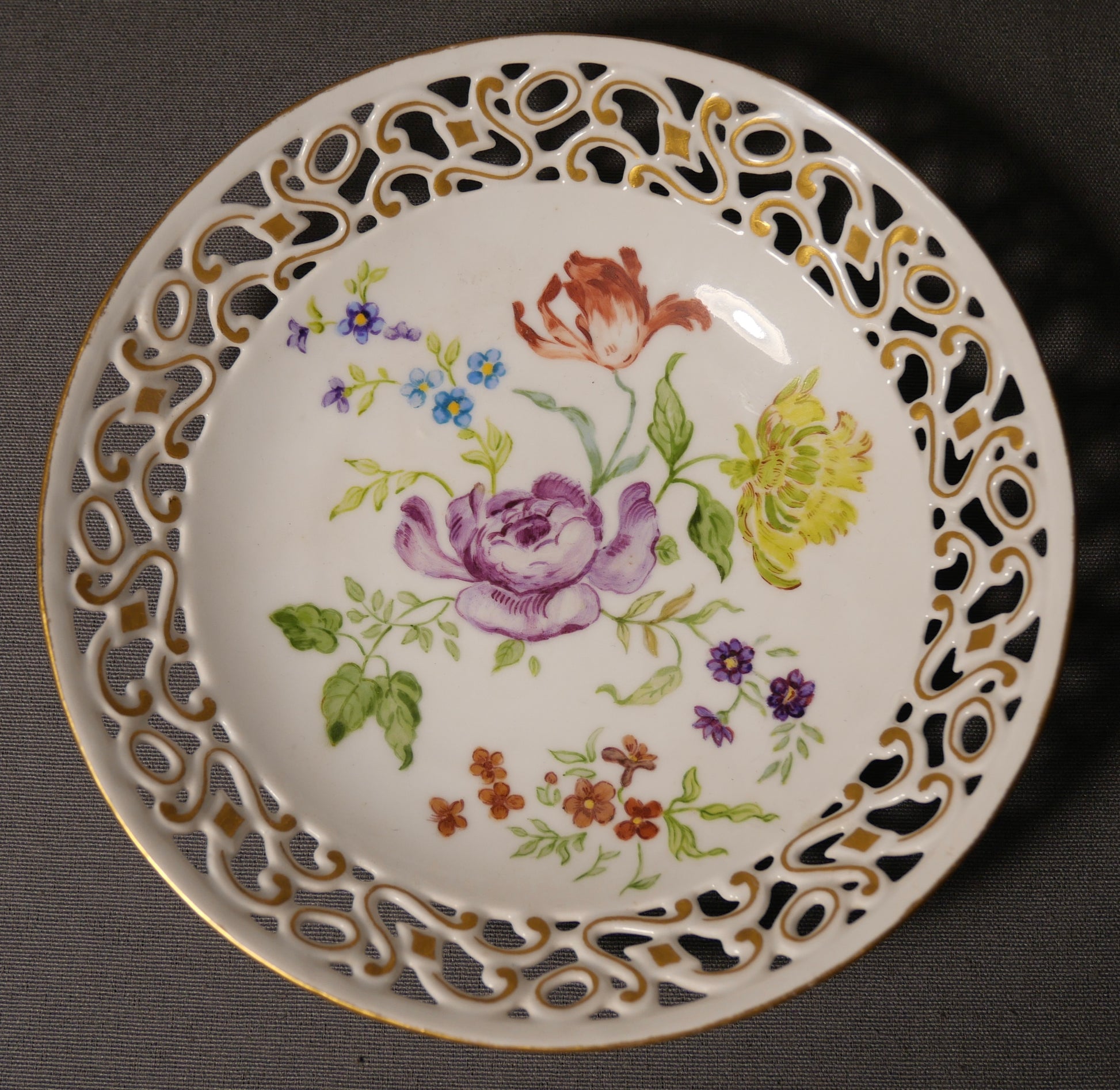 1935 German Porcelain Hand Painted Gilded Floral Motif Reticulated Rim Bowl