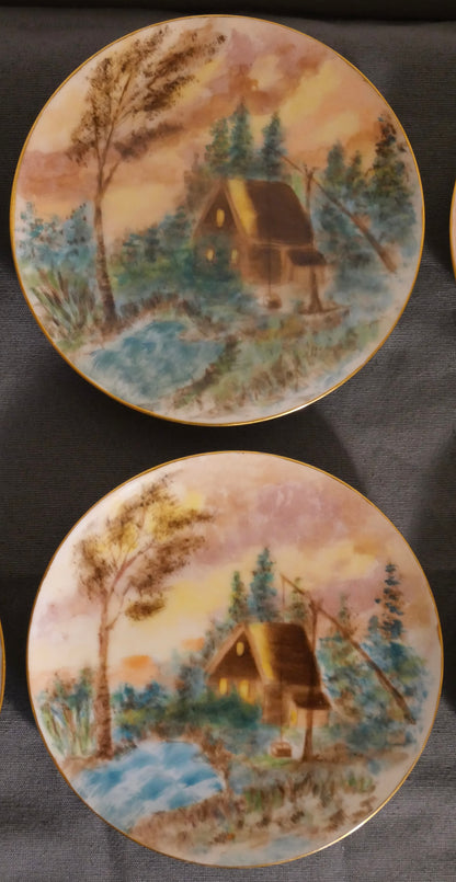 Set of 6 Circa 1900 American Impressionist Style Forest Cabin Landscape Motif Painted Porcelain Gilded Rim Appetizer Plates