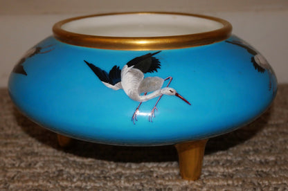 1874 English Mintons Gilded Turquoise Ground Porcelain Chinese Style Enamel Painted Stork Bird Motifs Three-Legged Bowl by Christopher Dresser