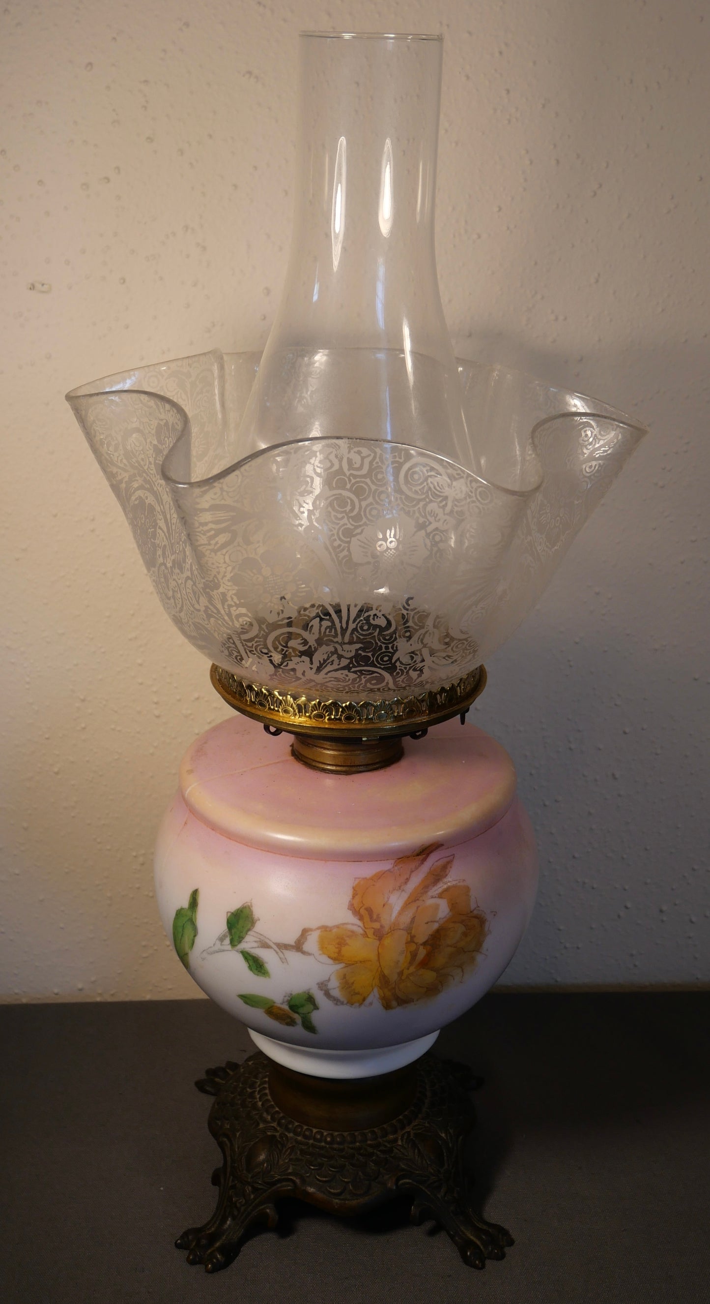 Late 19th Century American Victorian Floral Motif Painted Opaline Glass/Gilt Brass Clawfoot Base Oil Lamp