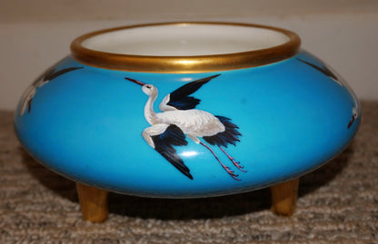 1874 English Mintons Gilded Turquoise Ground Porcelain Chinese Style Enamel Painted Stork Bird Motifs Three-Legged Bowl by Christopher Dresser