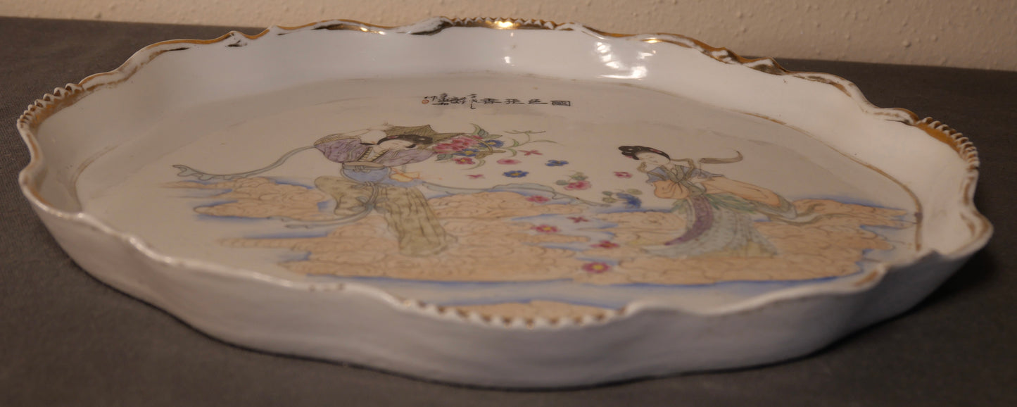 Circa 1920 Chinese Famille Rose Porcelain Beauties Motif Gilded Scalloped/Sawtooth Edge Vanity Tray