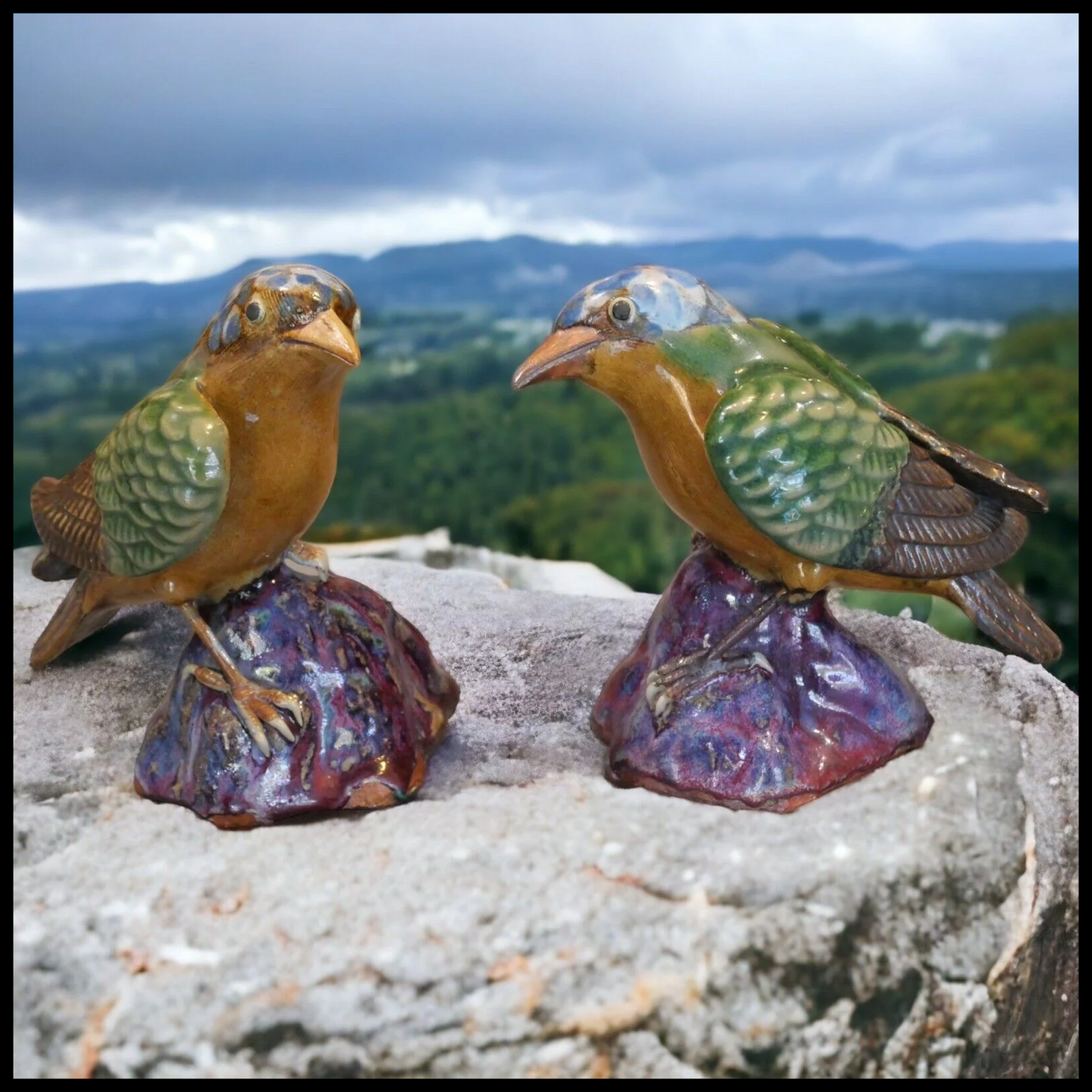 Pair of Vintage Circa 1970 Chinese Shiwan Guangdong Pottery Bird Figurines