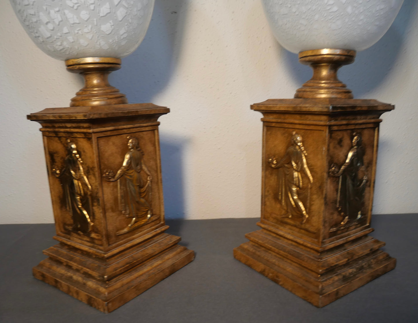 Pair of Vintage 1970's American Hollywood Regency Gilded Hellenic Motifs Metal Base/Mottled Glass Shade Torch Form Torchiere Table Lamps