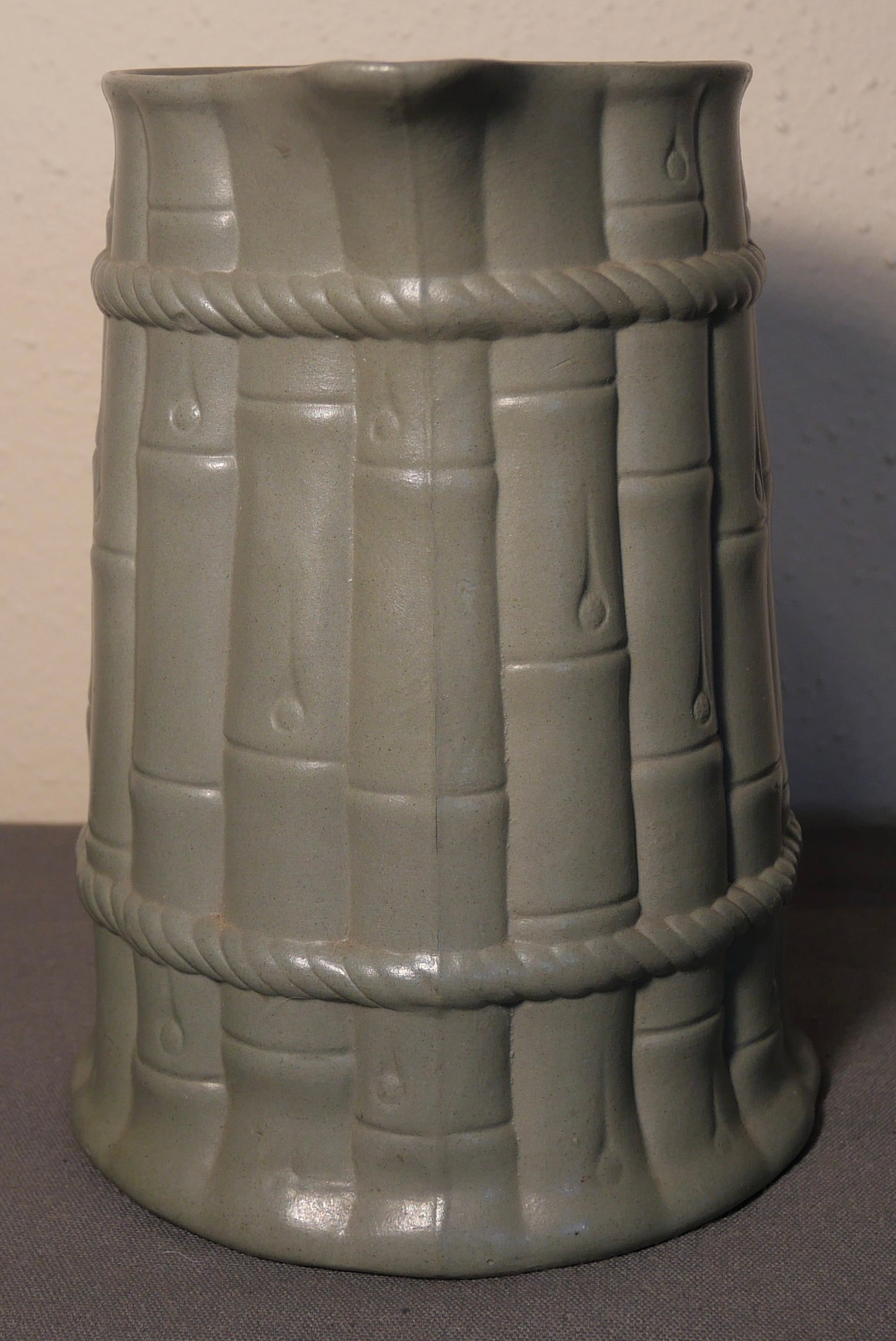 Mid 19th Century English Staffordshire Pale Green Drabware Bamboo/Rope Relief Motif Pitcher