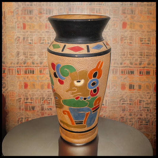 Vintage 1960's Guatemalan Mid Century Modern Clay Aztec Motifs Floor Vase