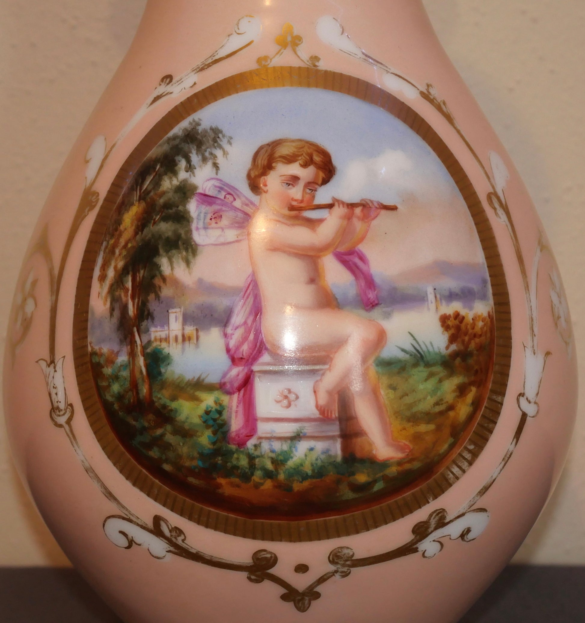 Circa 1860 French Napoleon III Old Paris Porcelain Hand Painted Gilded Cupid Motif Baluster Vase