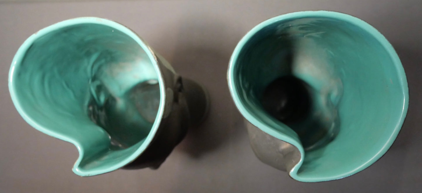 Pair of 1950’s Hungarian Mid Century Modern Kru Pottery Charles and Alice Smith Style Ceramic Black/Turquoise Elongated Head Vases