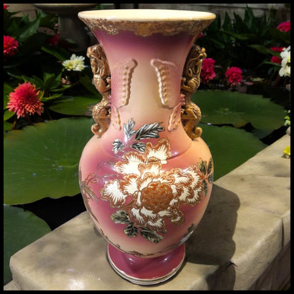 Circa 1930 Japanese Satsuma Porcelain Floral Motifs Butterfly Dragon Handle Vase (Taisho Period)