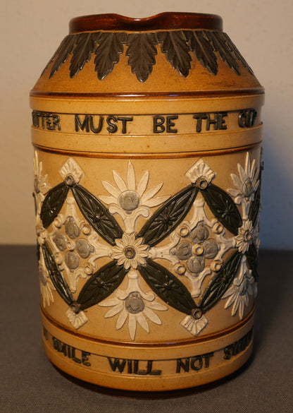 Late 19th Century English Victorian Doulton Lambeth Stoneware "Bitter Must Be The Cup That A Smile Will Not Sweeten" Pitcher