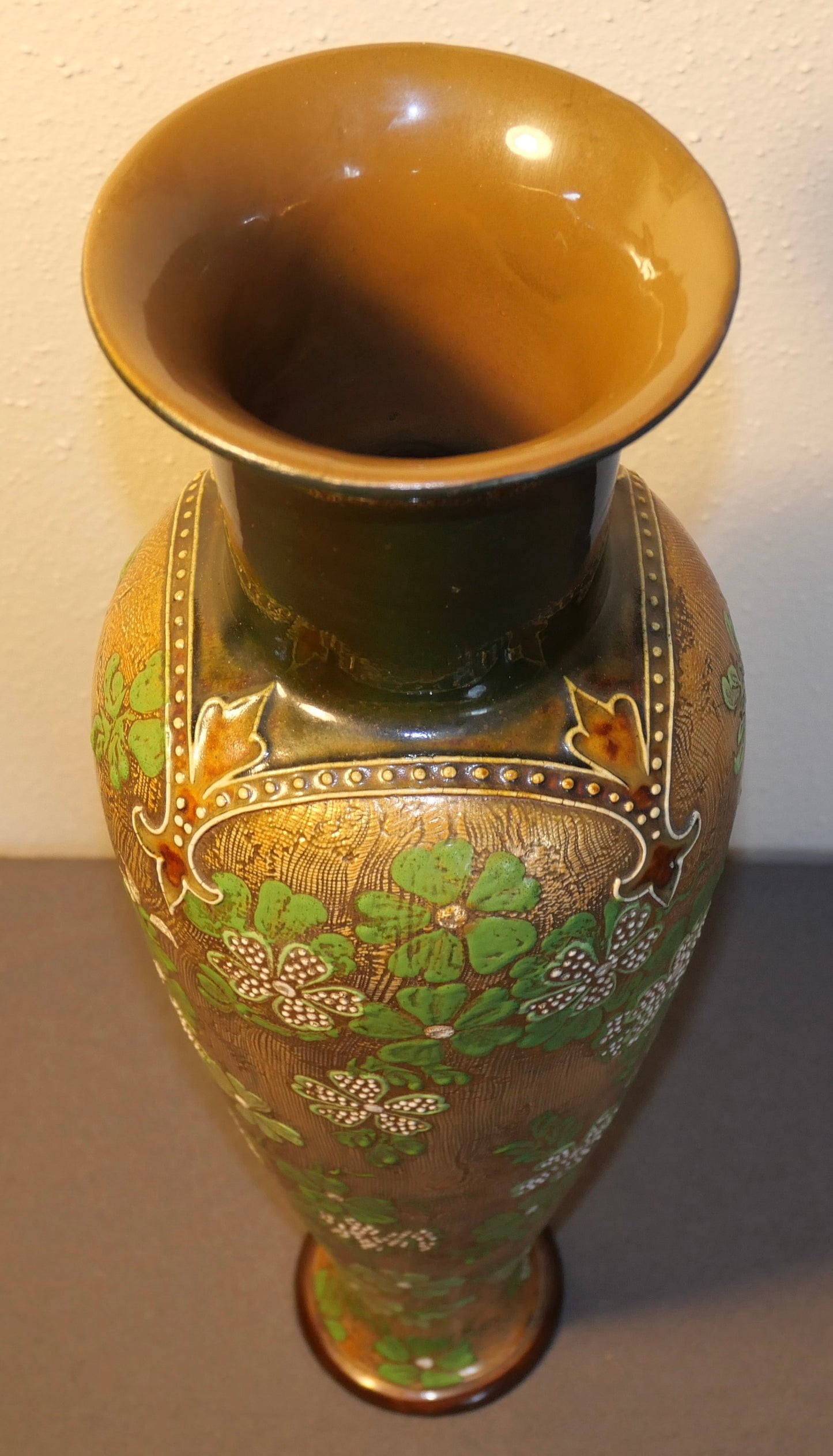 Late 19th Century English Art Nouveau Doulton Lambeth Slaters Patent Stoneware Gilded Green Floral Motifs Tapestry Baluster Vase by Harriet Knight and LF Bowen