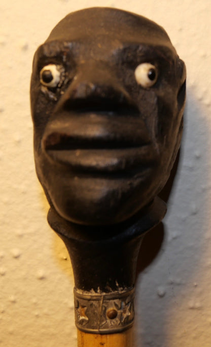 Circa 1880 French Victorian Carved Ebony Wood Moorish Man Head with Sulphide Eyes Pommel/Bamboo Shaft Walking Cane