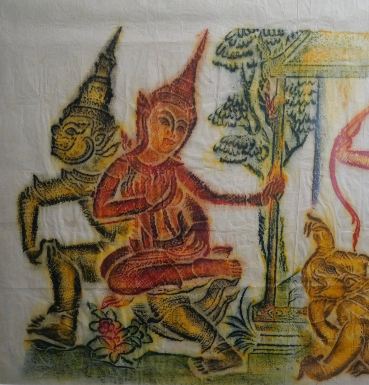 Vintage Circa 1970 Thai Ramakien King Rama and Tosakanth Colorful Temple Rubbing on Rice Paper Framed Art