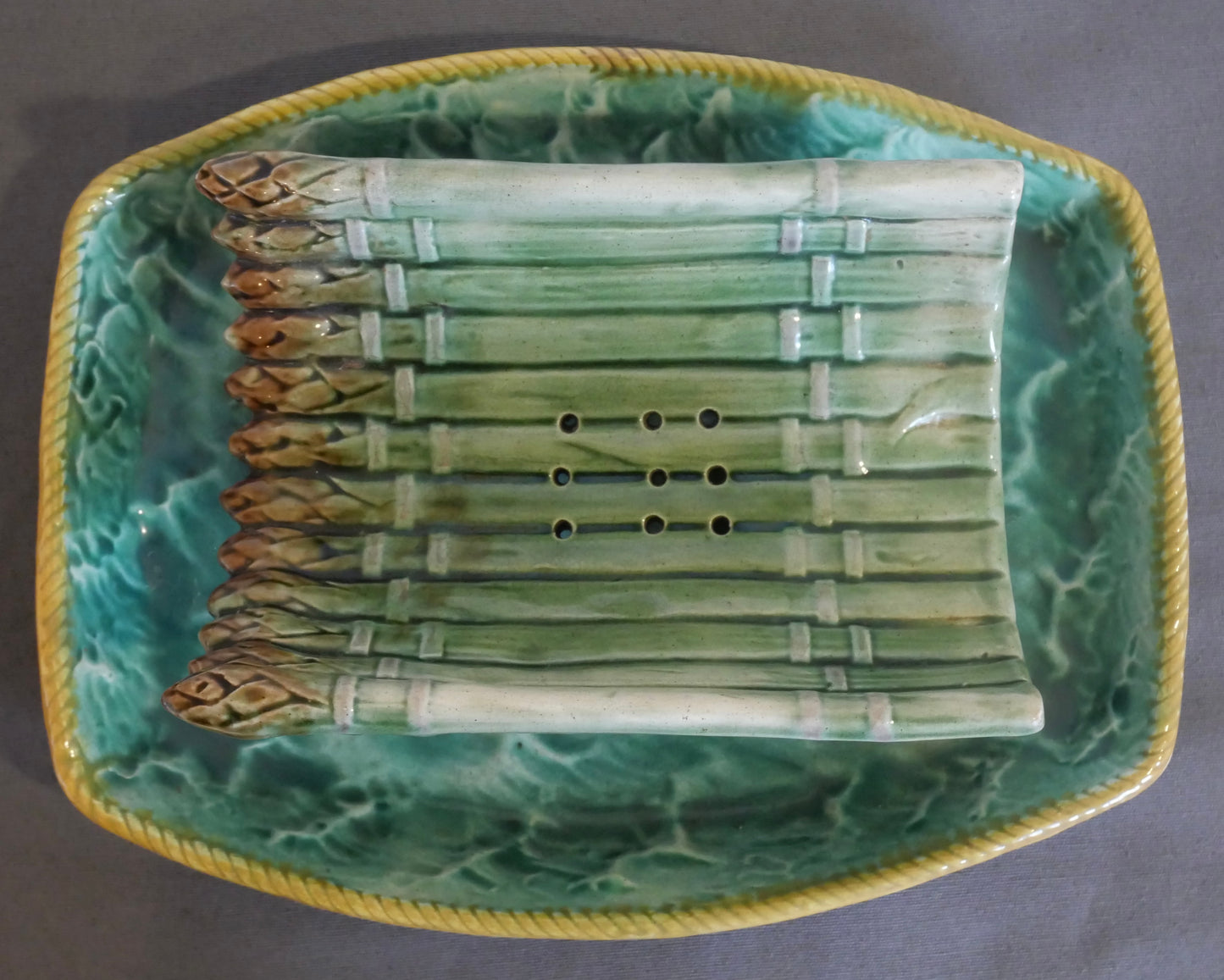 Circa 1880 English Majolica Cradle Asparagus Server with Attached Underplate