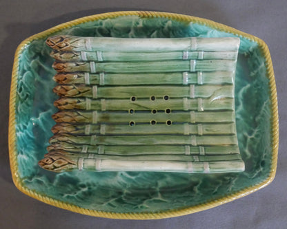 Circa 1880 English Majolica Cradle Asparagus Server with Attached Underplate