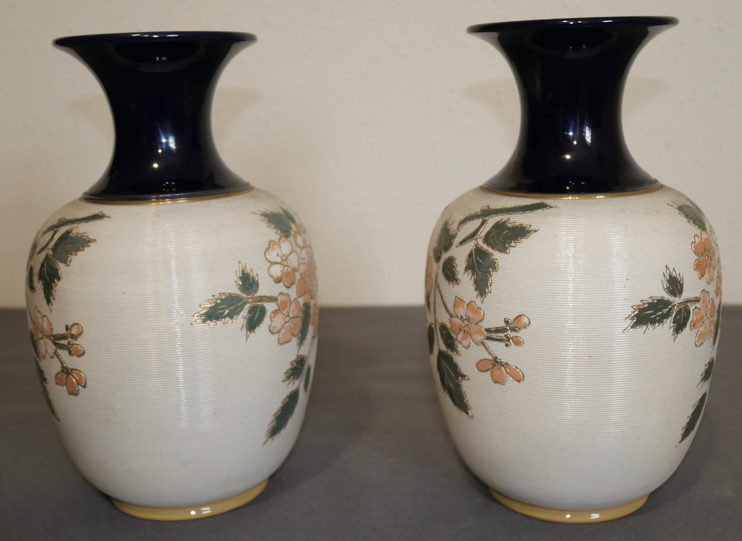 Pair of Early 20th Century English Art Nouveau Lovatt's Langley Ware Stoneware Floral Motif Tapestry Baluster Vases