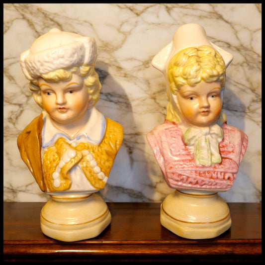 Set of 2 Late 19th Century German Thuringia Porcelain Young Boy and Girl Miniature Bust Figurines