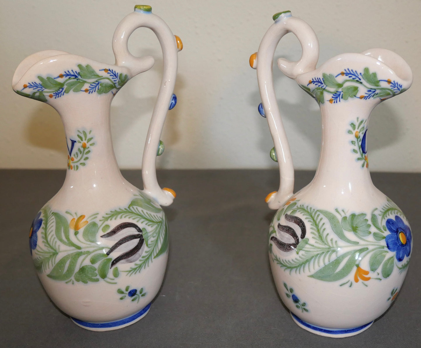 Vintage Circa 1970 Spanish Jose Gimeno Martinez Manises Earthenware Oil and Vinegar Cruet Set with Handled Server