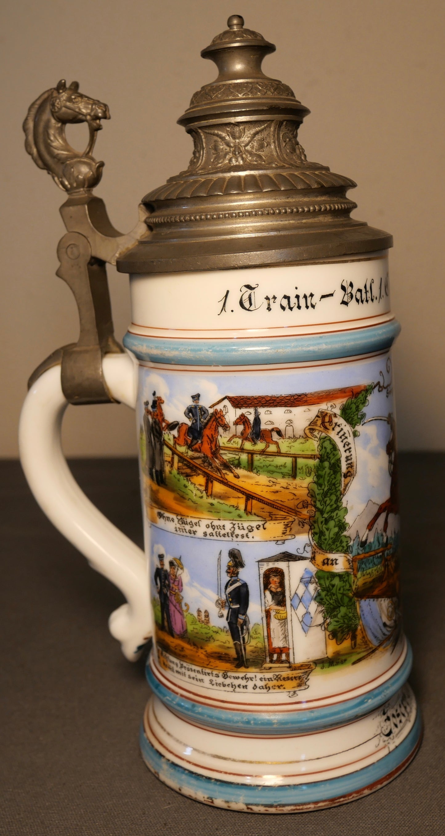 1898 German Imperial Reservist Train-Bataillon Kompanie Munchen Porcelain King Ludwig III Lithophane Lidded Stein