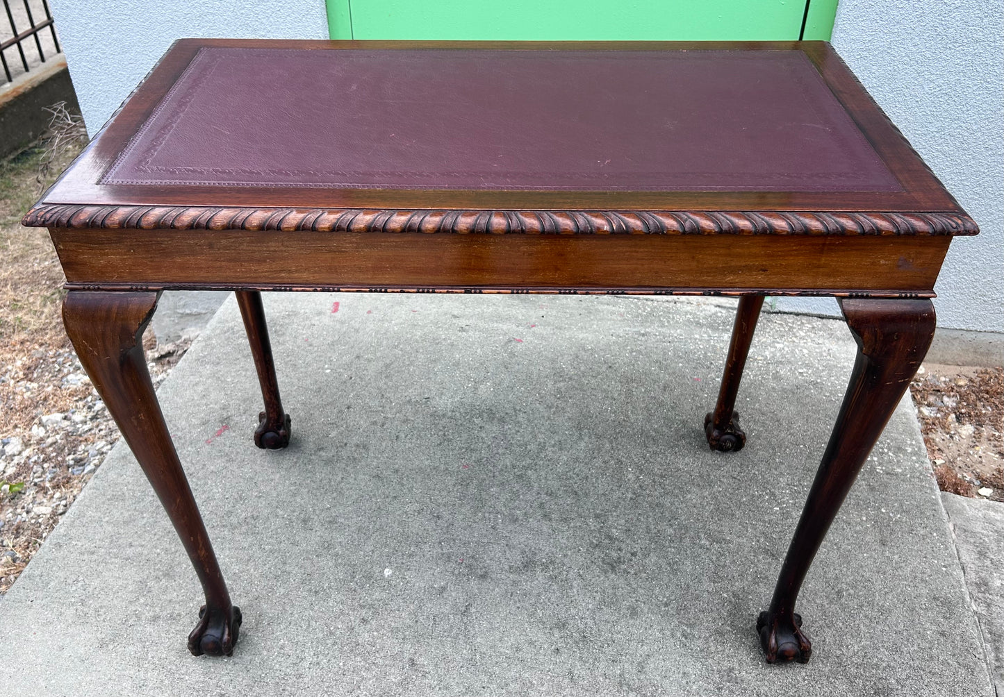 Circa 1910 English Edwardian Style Mahogany Ball/Clawfoot Leather Top Library Table