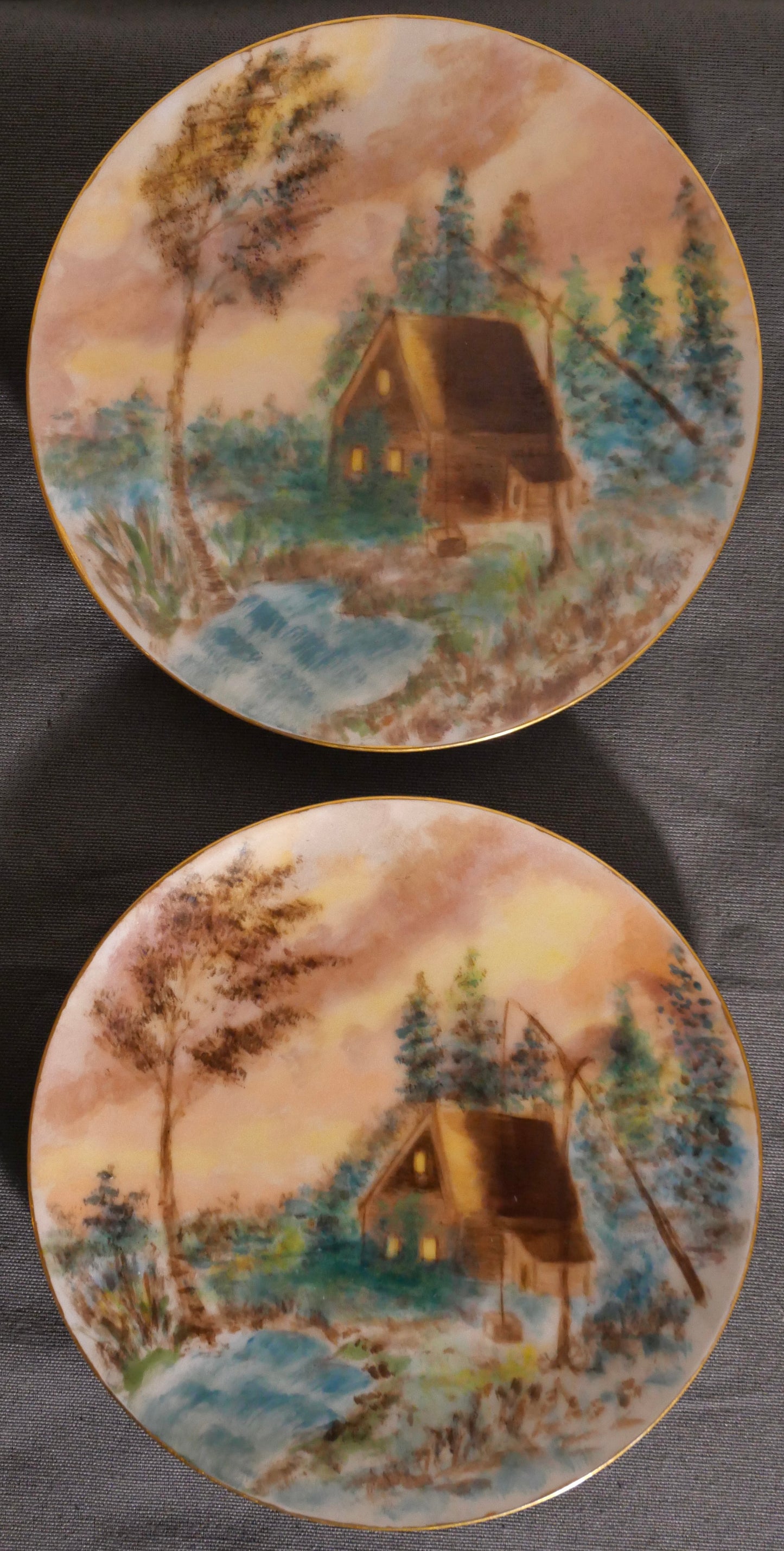 Set of 6 Circa 1900 American Impressionist Style Forest Cabin Landscape Motif Painted Porcelain Gilded Rim Appetizer Plates