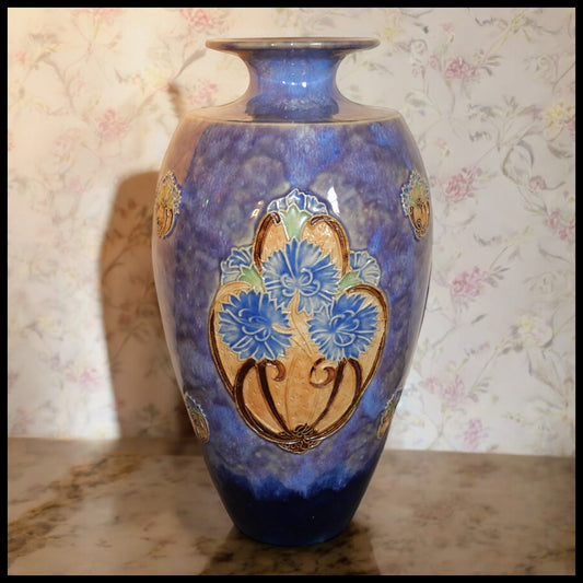 Circa 1900 English Arts and Crafts Royal Doulton Stoneware Florrie Jones Floral Motifs Mottled Baluster Vase