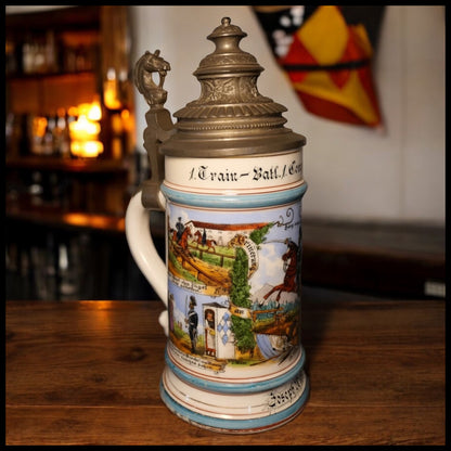 1898 German Imperial Reservist Train-Bataillon Kompanie Munchen Porcelain King Ludwig III Lithophane Lidded Stein