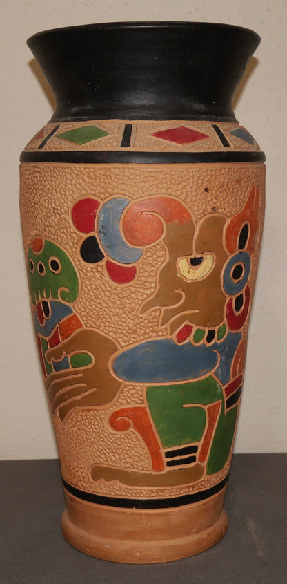 Vintage 1960's Guatemalan Mid Century Modern Clay Aztec Motifs Floor Vase