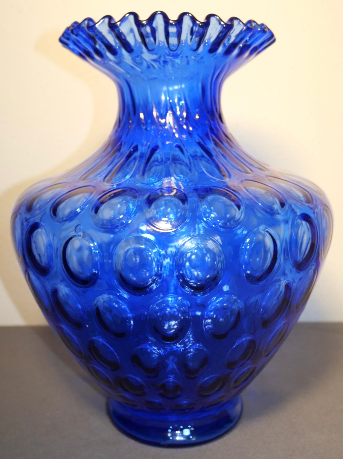 Vintage 1972-1973 American Fenton Cobalt Blue Glass Coin Dot Ruffled Edge Baluster Vase