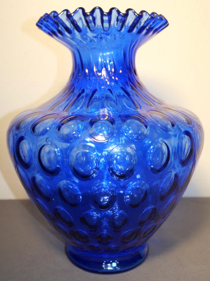 Vintage 1972-1973 American Fenton Cobalt Blue Glass Coin Dot Ruffled Edge Baluster Vase