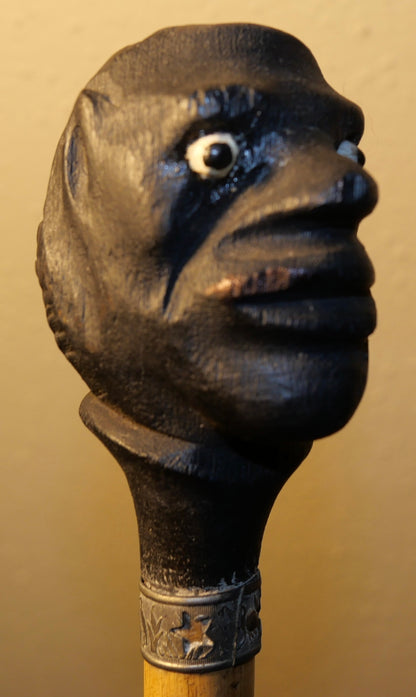 Circa 1880 French Victorian Carved Ebony Wood Moorish Man Head with Sulphide Eyes Pommel/Bamboo Shaft Walking Cane