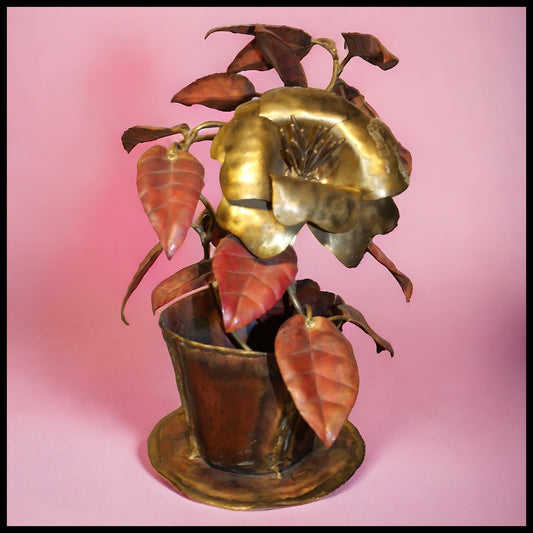 Vintage 1960's American Brutalist Welded Copper/Brass Rose in Flower Pot Sculpture