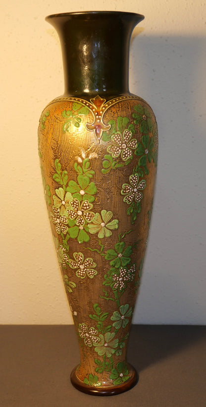 Late 19th Century English Art Nouveau Doulton Lambeth Slaters Patent Stoneware Gilded Green Floral Motifs Tapestry Baluster Vase by Harriet Knight and LF Bowen